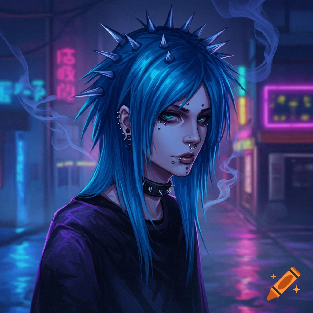 An androgynous anime character with long blue hair and numerous facial piercings stands on a neon-lit urban street at night.