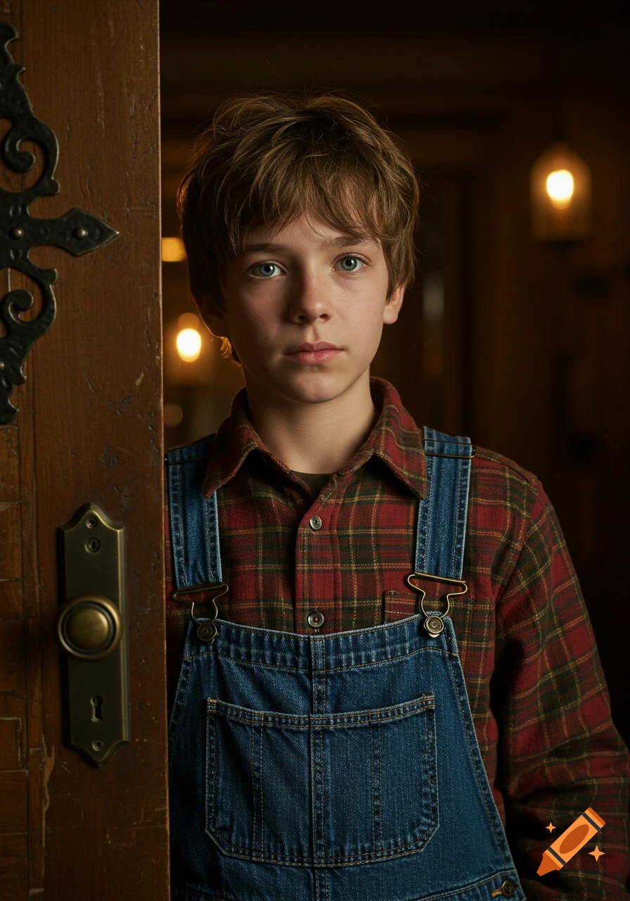 A photorealistic portrait of a serious 13-year-old boy in a red plaid shirt and blue overalls, partially behind a rustic wooden door.