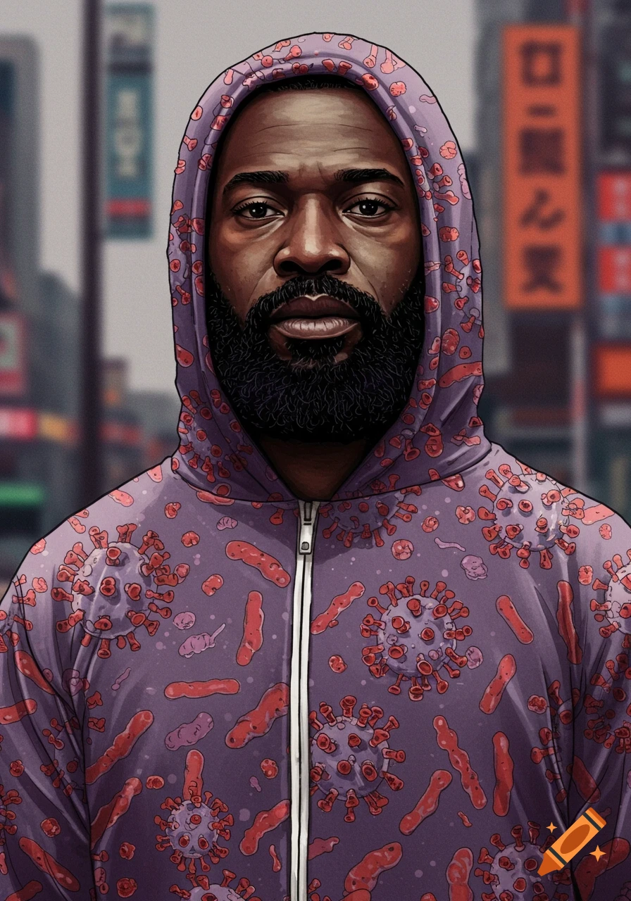 A man with a beard and mustache wearing a purple hoodie patterned with red and purple virus and bacteria shapes, standing in a blurred urban background.