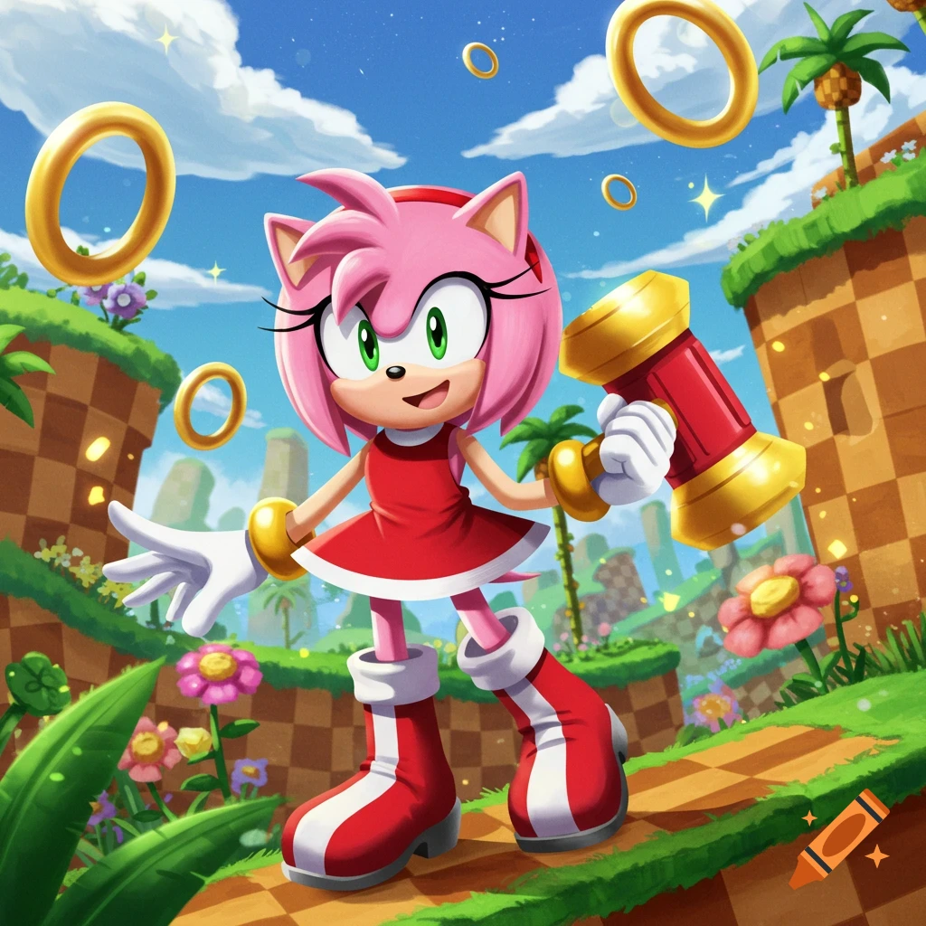 Amy Rose from Sonic the Hedgehog walks on a checkered path in a vibrant green landscape with floating golden rings, holding her hammer.