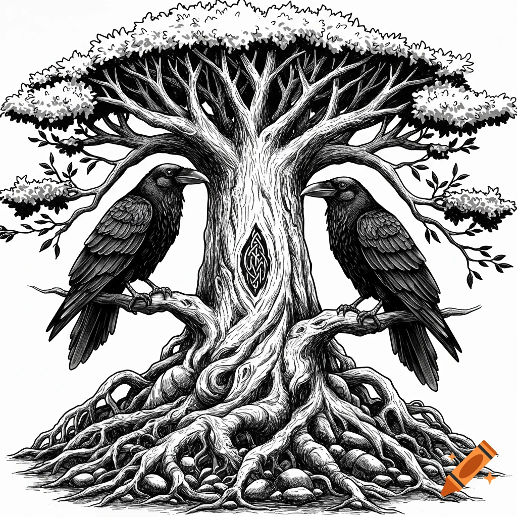 Black and white tattoo design of two ravens perched on the roots and branches of a stylized Yggdrasill tree.