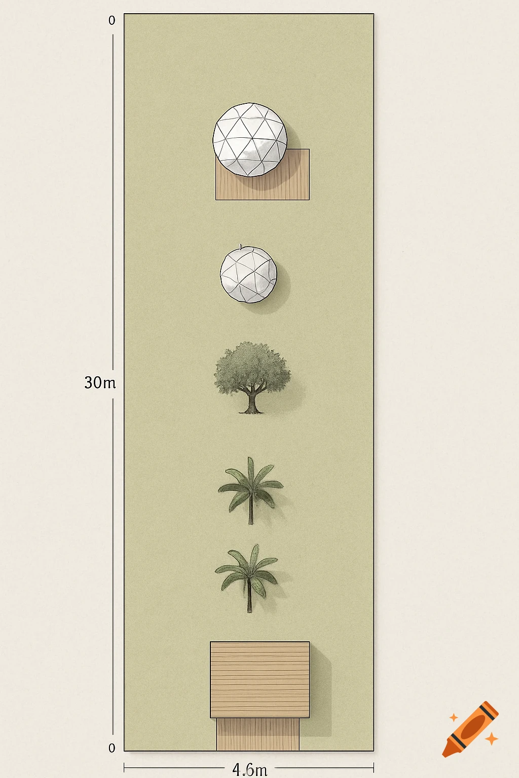 Top-down architectural plan of a garden with two geodesic domes, an olive tree, two palm trees, and a wooden workshop. Dimensions 30m by 4.6m.