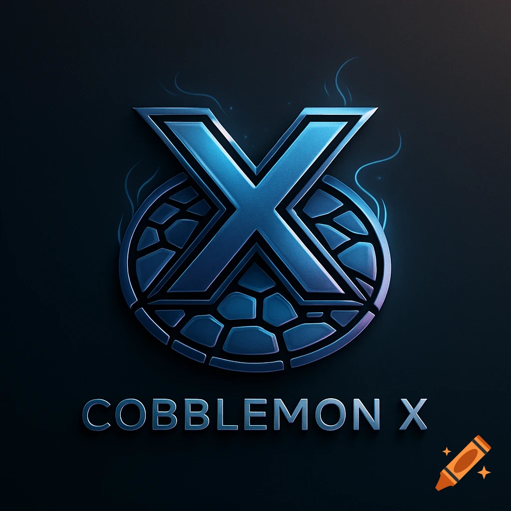 A metallic blue logo with a large 'X' over a segmented circle, and the text 'COBBLEMON X' below on a dark background.