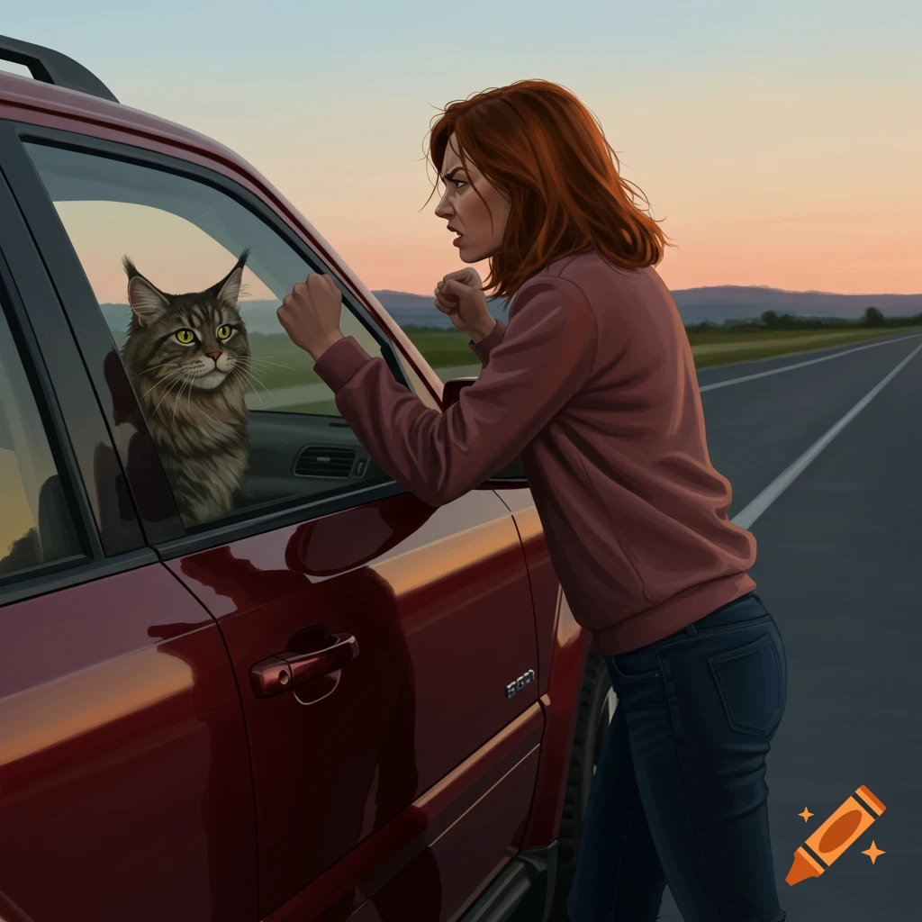 A red-haired woman pounds on her red SUV, scowling at a smiling Maine Coon cat inside the vehicle, on a roadside at sunset.