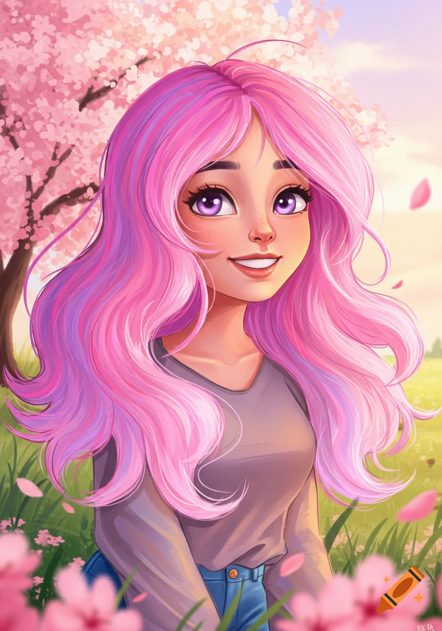 A cute anime girl with long wavy pink hair and purple eyes smiles in a field of pink cherry blossoms.