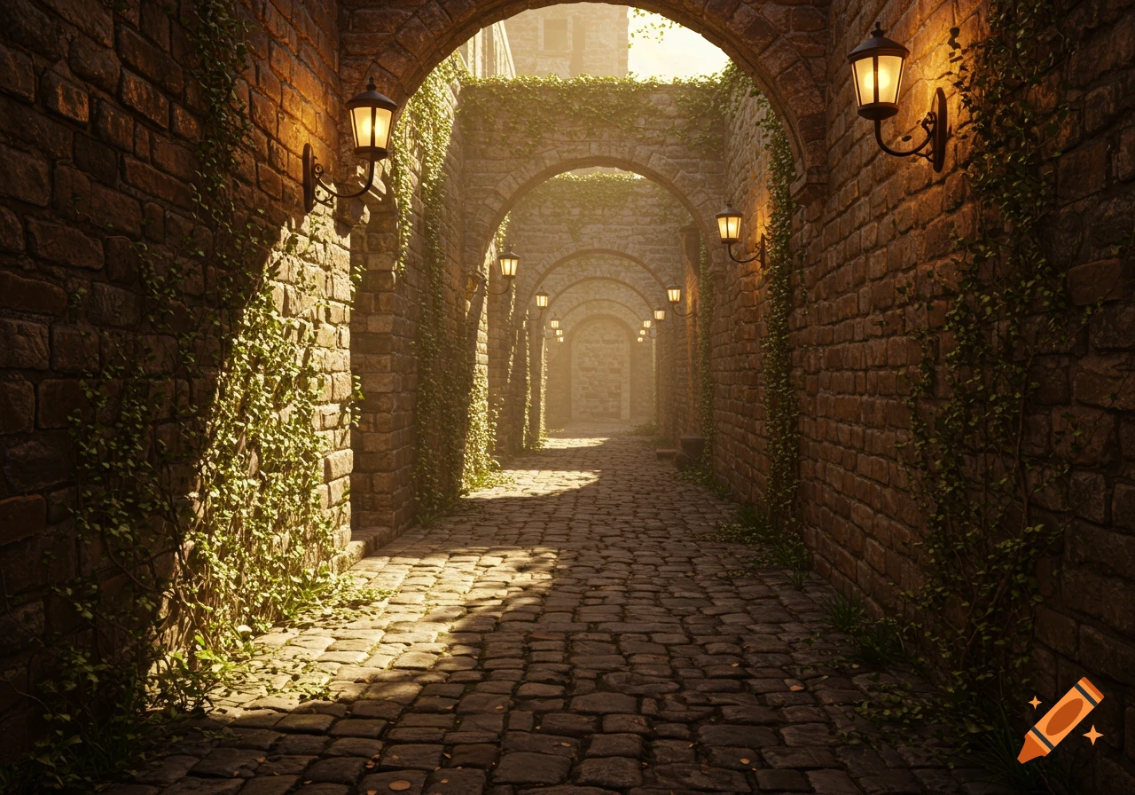 A long, arched cobblestone hallway with brick walls covered in ivy, lit by hanging lanterns and dappled sunlight.