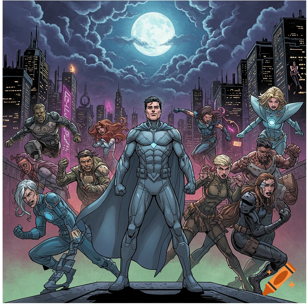 A diverse group of comic book superheroes stand in a futuristic city at night under a full moon, comic art style.