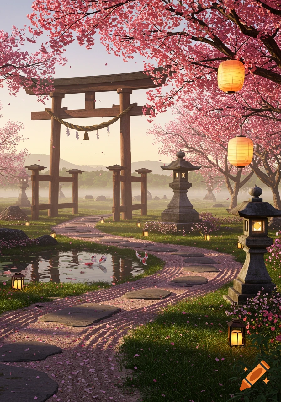 A serene Japanese garden with a wooden torii gate, cherry blossoms, stone lanterns, a winding path, and a pond with koi fish.