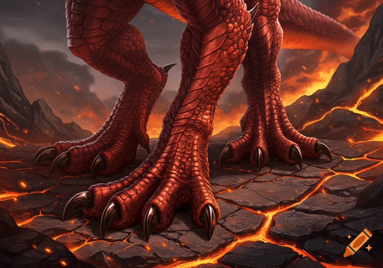 Close-up of scaly red dragon legs and sharp claws on a cracked volcanic ground with glowing lava.