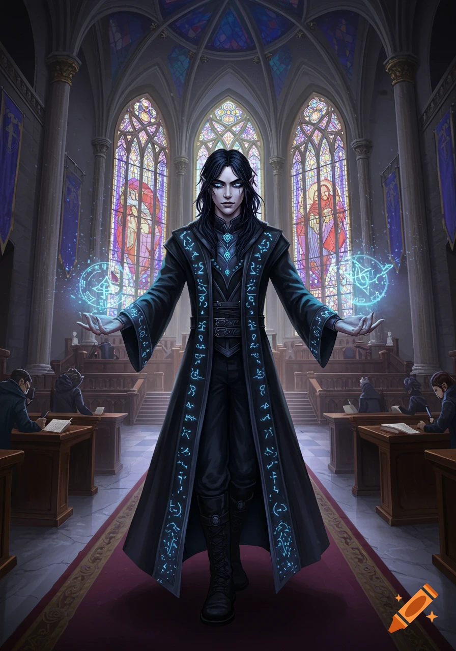 A dark-haired arcanist in a long black coat covered in glowing blue runes stands in a grand cathedral, wielding blue magic.