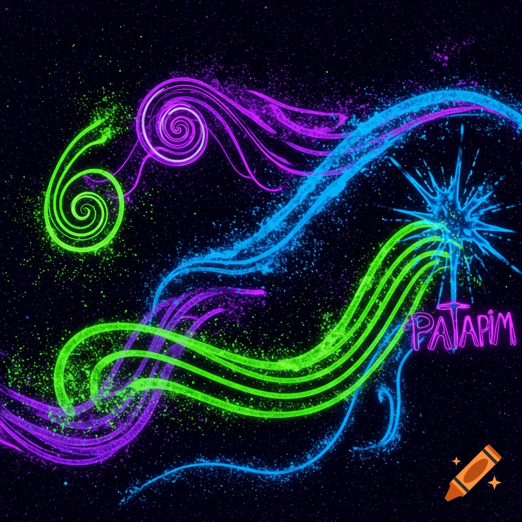 Abstract neon glowing lines and splatters in green, purple, and blue on a dark background, featuring the word 'PATAPIM'.