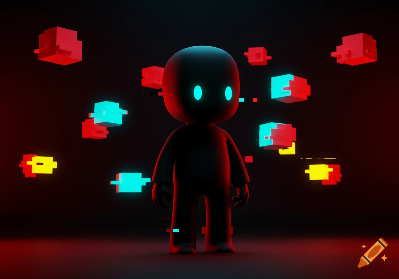 A black cartoon character with glowing cyan eyes stands amidst red, cyan, and yellow glitchy pixel blocks on a dark background.