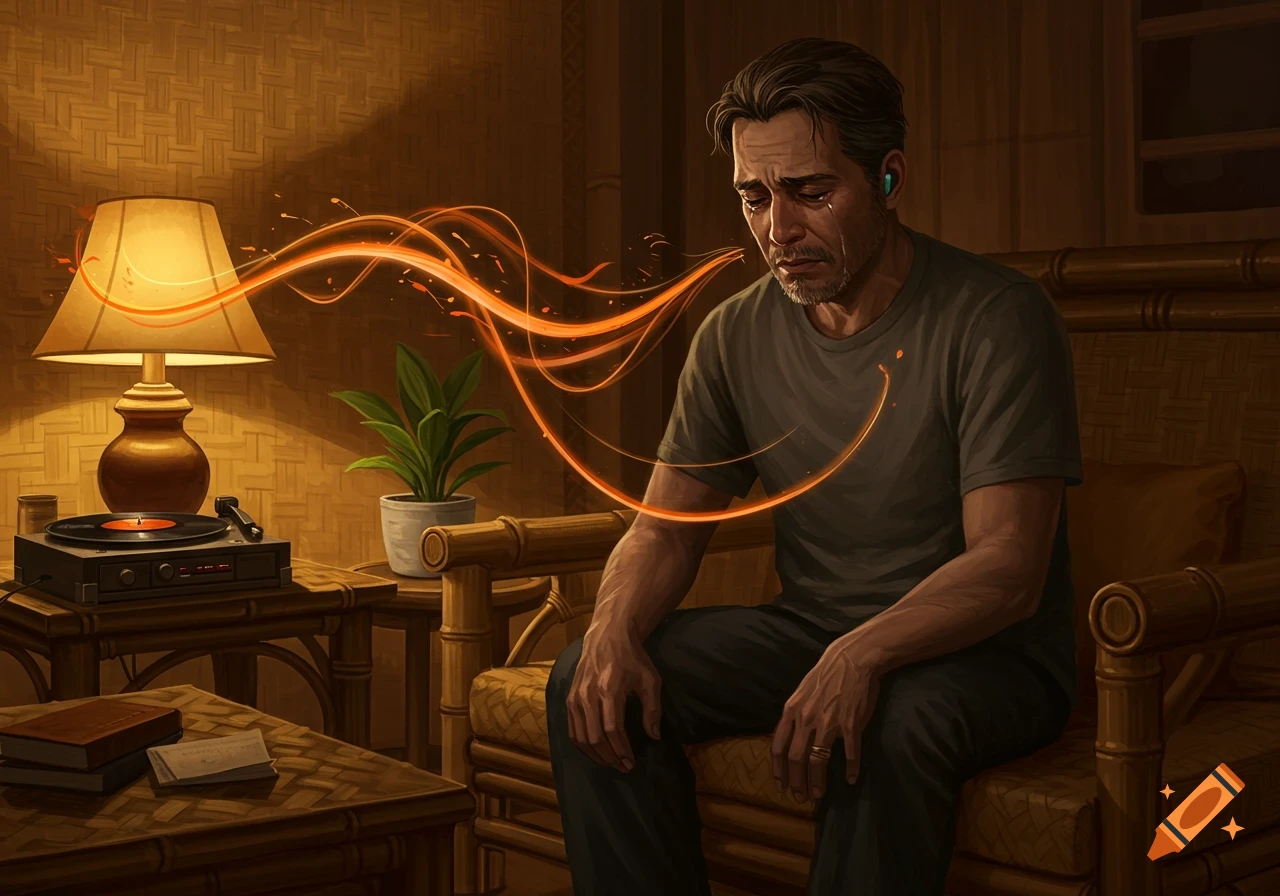 A crying man sits in a warm, dimly lit room with a record player and lamp, glowing orange lines emanating from the lamp.