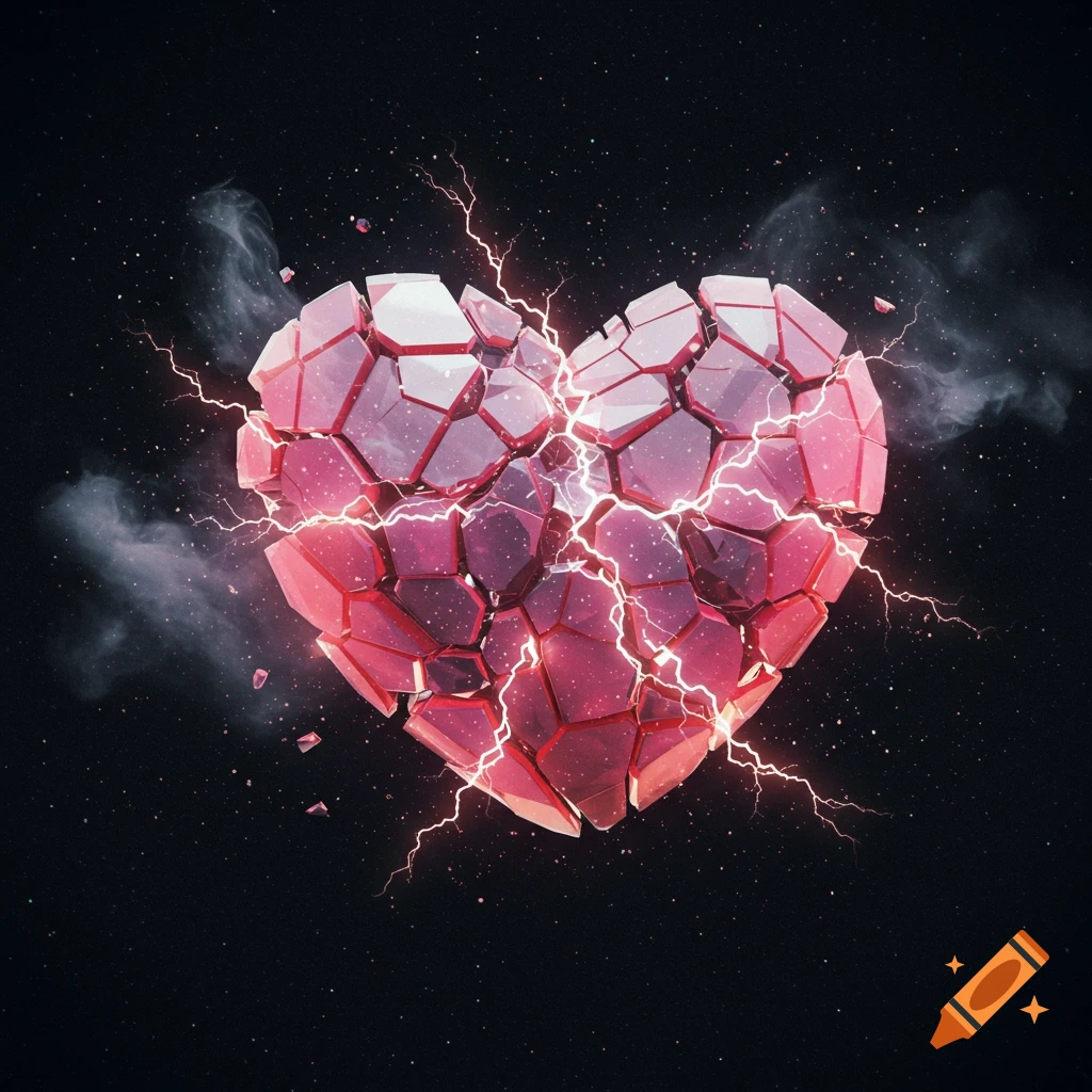 A vibrant red, geometrically broken heart shatters with bright lightning bolts and wisps of smoke against a dark, star-filled background.