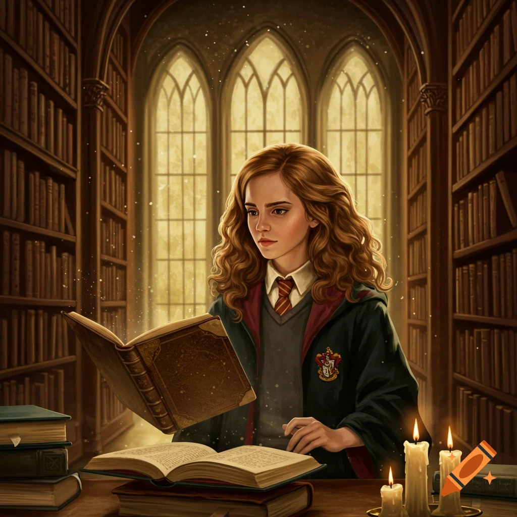 Hermione Granger in Hogwarts robes reads a large book in a magical library, lit by candles.