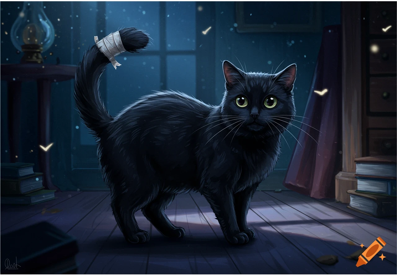 A cartoonish black cat with bright green eyes and a bandage on its tail stands on a wooden floor in a dimly lit room with books and a lamp.