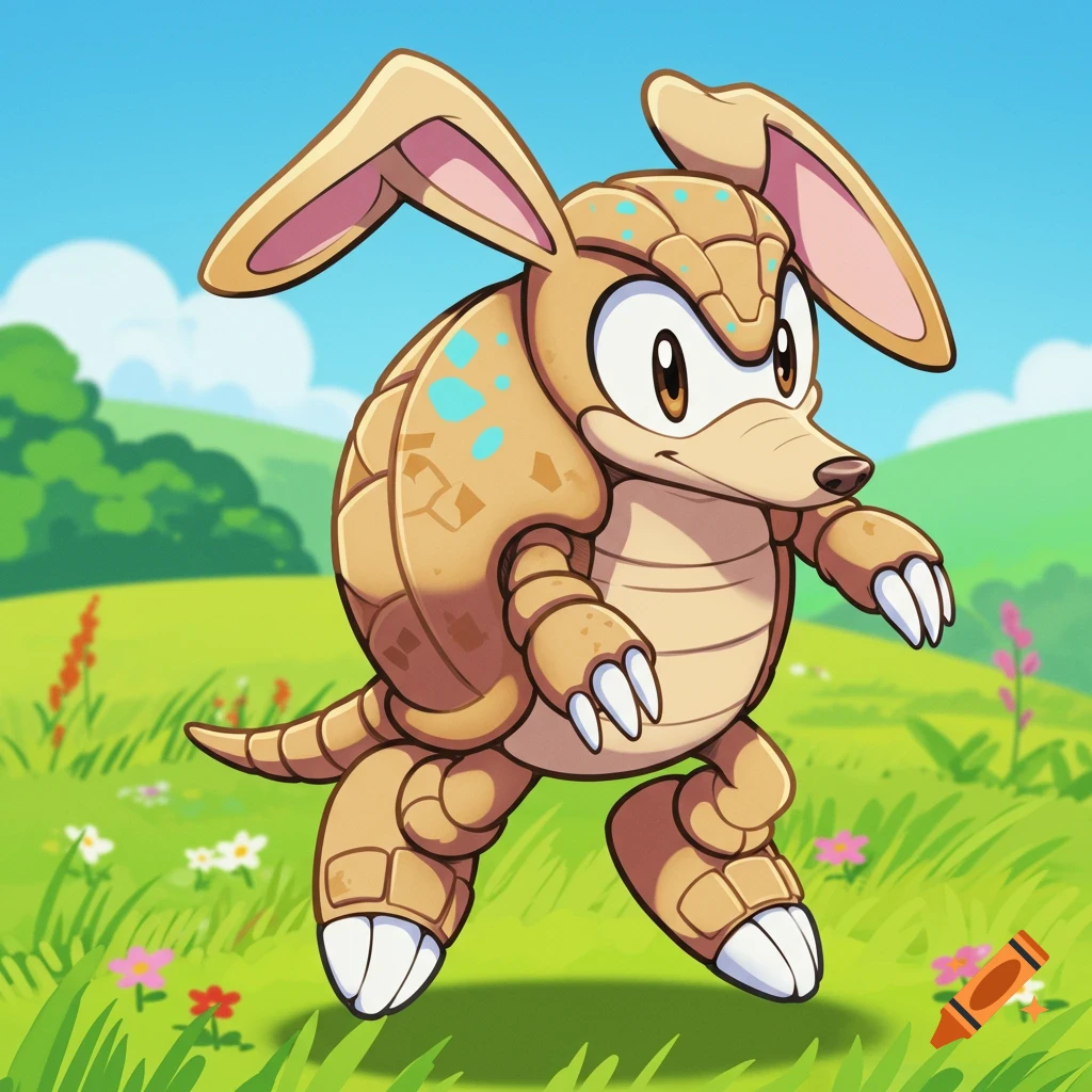 A tan cartoon Rabbidillo character with large rabbit ears, an armored body with blue spots, and sharp claws stands in a grassy field.