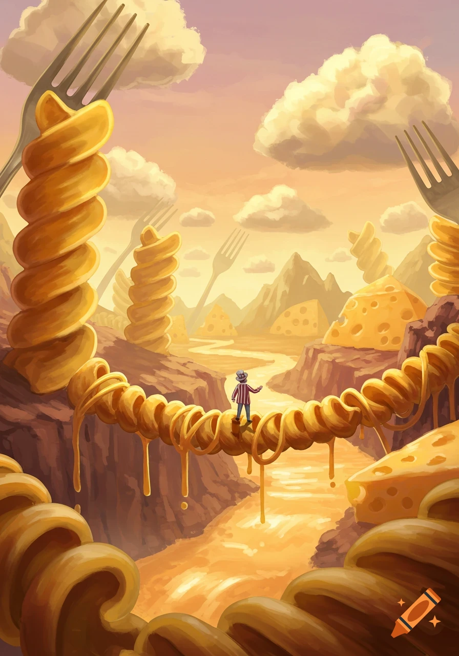 A whimsical illustration of a person walking on a giant macaroni bridge over a river of melted cheese, with cheese mountains and giant forks in the background.