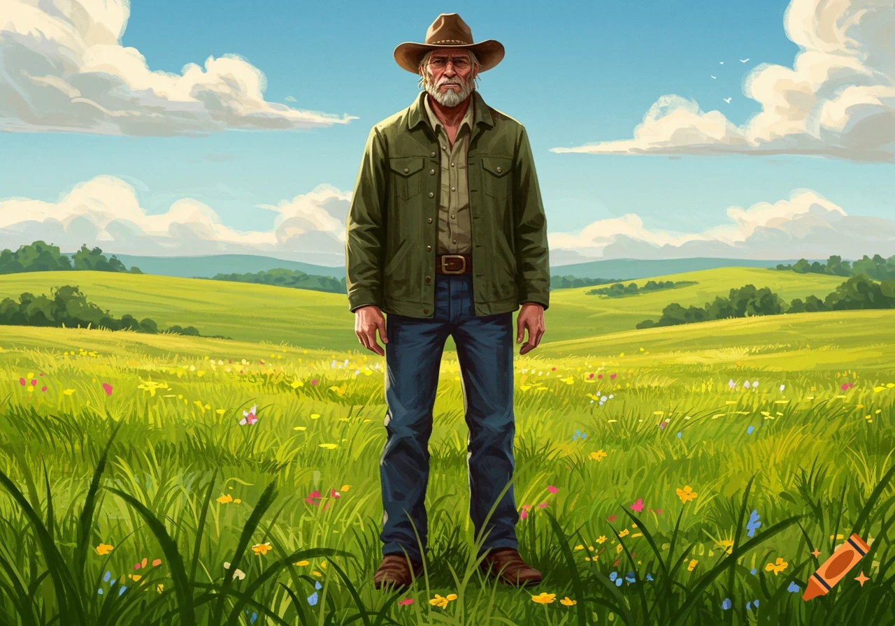 A rugged older man in a cowboy hat and green jacket stands in a vibrant green field with wildflowers under a blue sky.