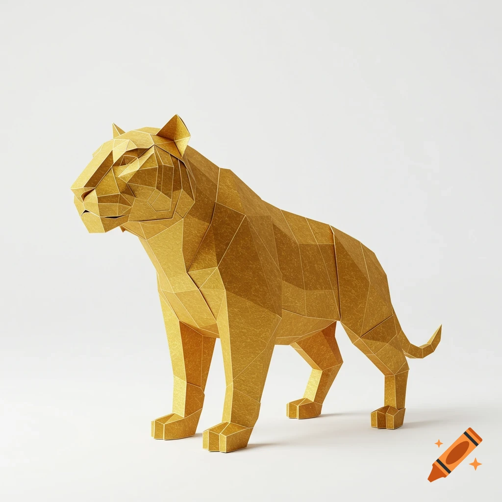 A standing golden paper tiger sculpture with a geometric, low-poly design against a white background.