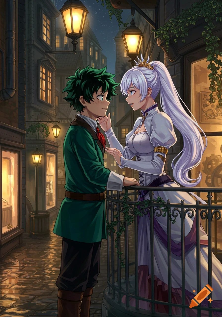 Anime characters Izuku Midoriya and Weiss Schnee share a tender moment on a balcony in a lamp-lit steampunk city street at night.