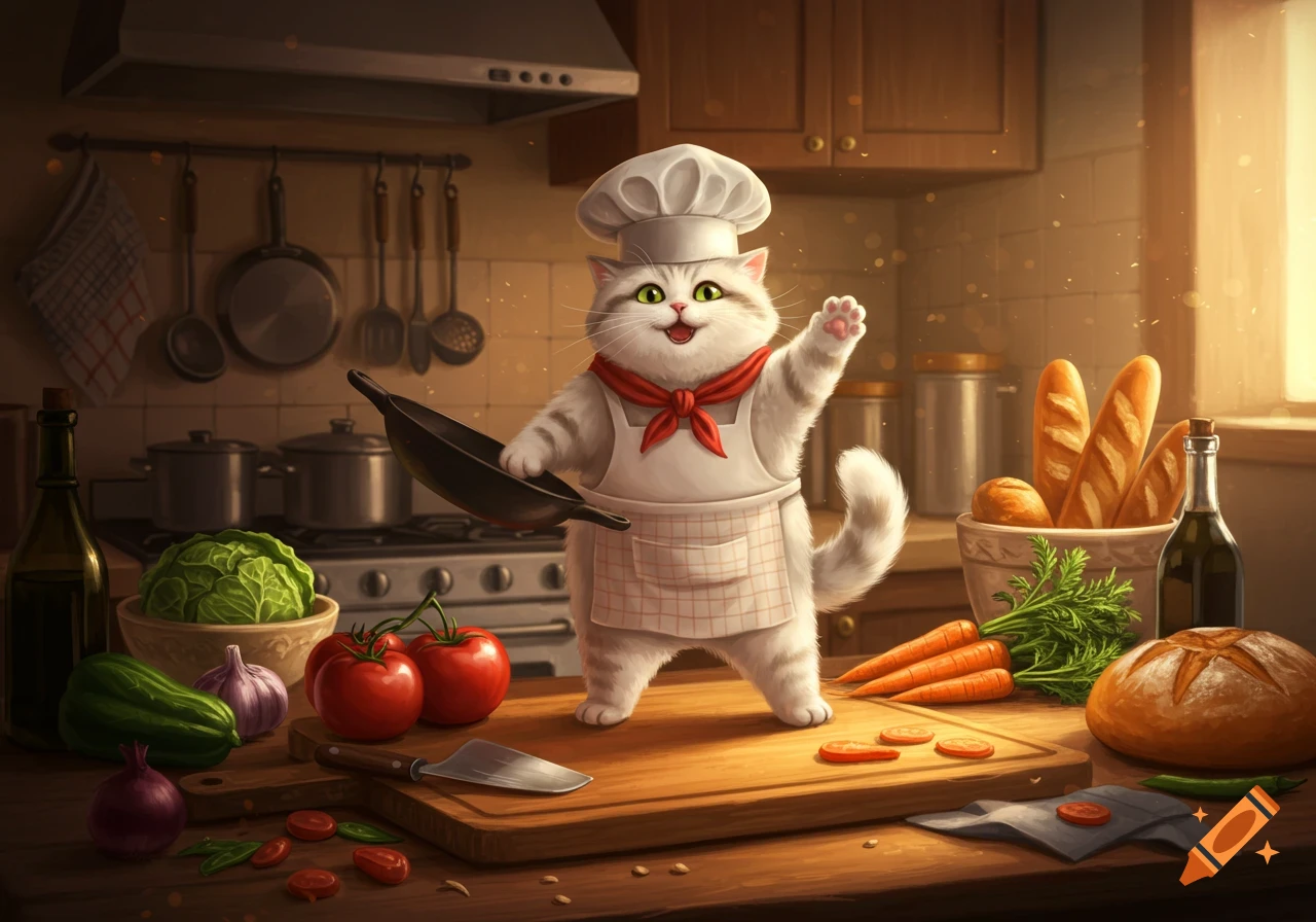 A fluffy white cat chef in a hat and apron stands in a cozy kitchen with a pan, surrounded by ingredients like tomatoes, carrots, and bread.