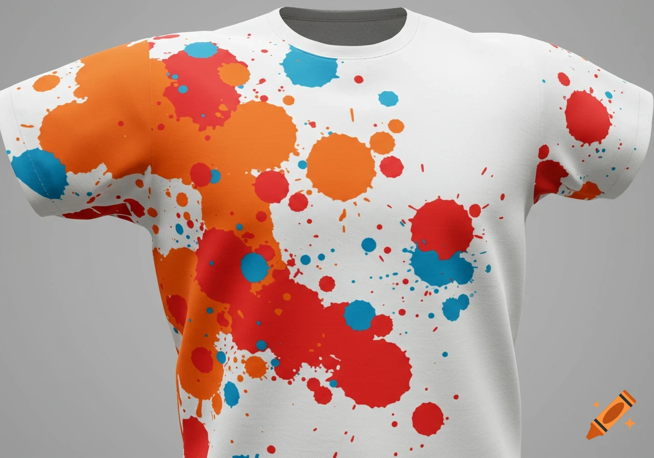 White t-shirt with vibrant orange, red, and blue paint splatters on a plain gray background.