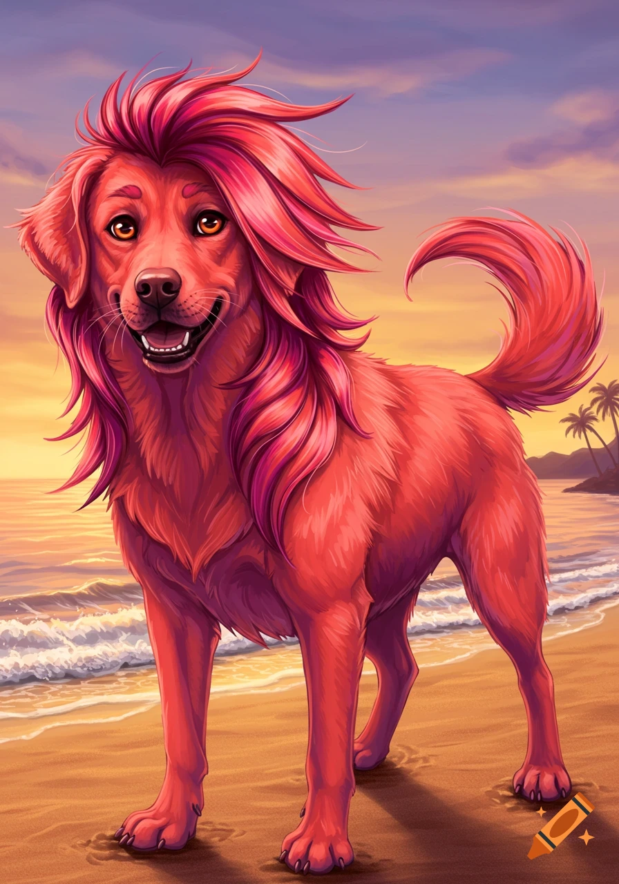 Vibrant illustration of a smiling reddish-pink dog with long, flowing pink hair standing on a sandy beach at sunset, with waves and palm trees in the background.