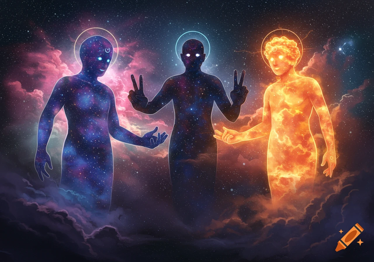 Three cosmic figures, blue, dark, and fiery orange, with glowing halos, stand in space with nebulas. The central figure makes a peace sign.