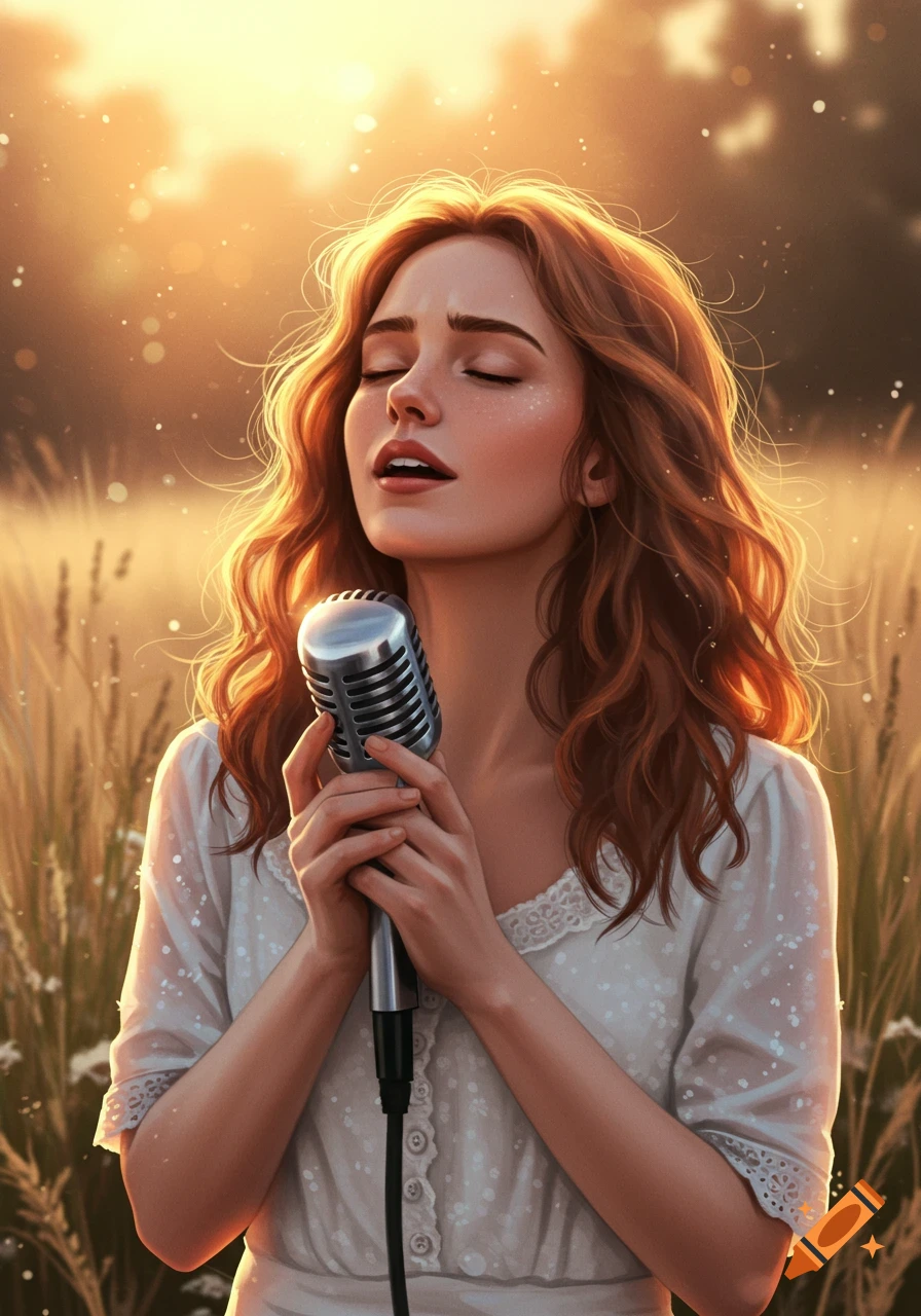 A woman with red hair sings with closed eyes into a vintage microphone in a golden wheat field at sunset, with sparkling light.
