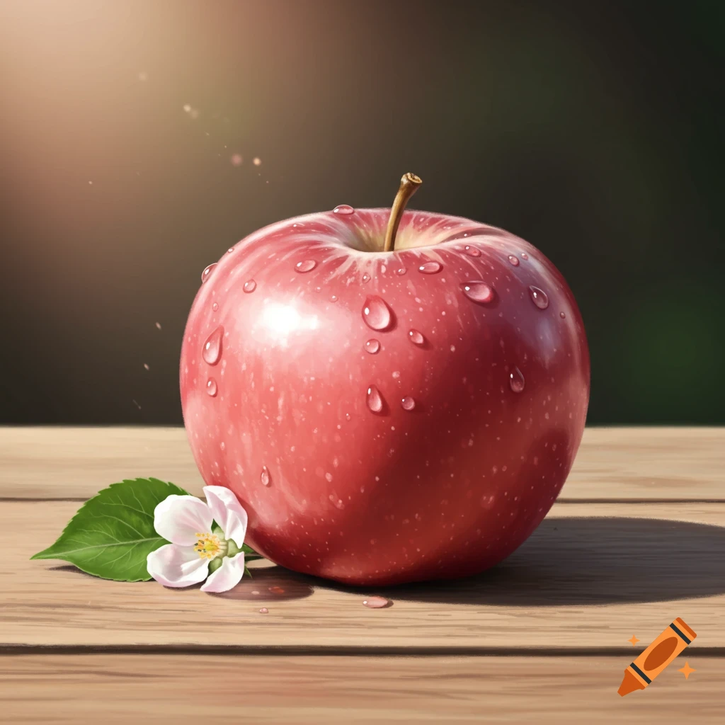 Photorealistic red apple covered in water droplets with a white apple blossom and green leaf on a wooden table.