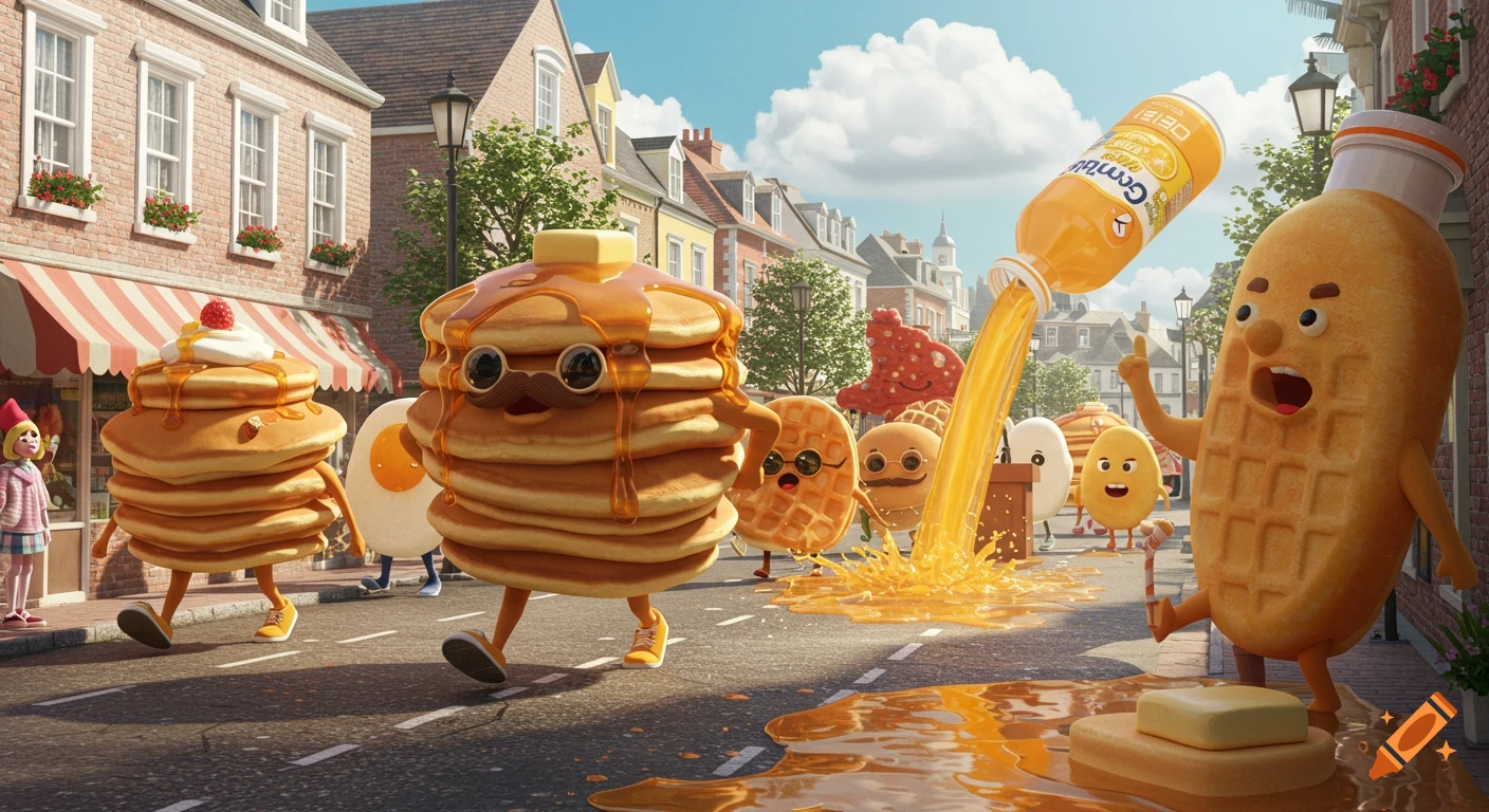 Anthropomorphic breakfast foods in a cartoon city street parade, with syrup spilling from a giant orange juice bottle.