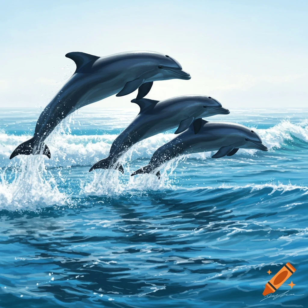 Three stylized dolphins leap from blue ocean waves against a bright sky.
