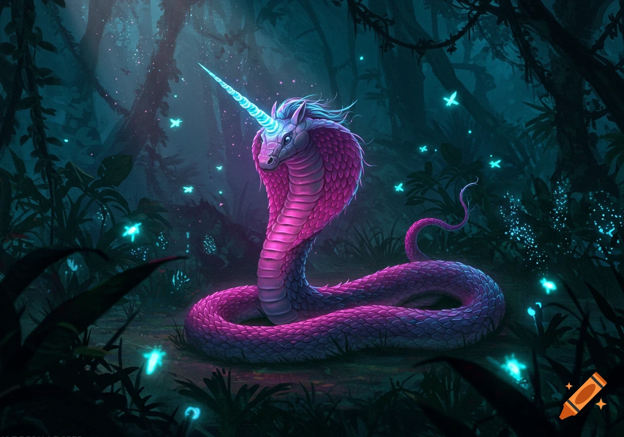 A glowing pink and purple cobra with a unicorn head and horn in a magical, dark jungle with luminous blue fireflies.