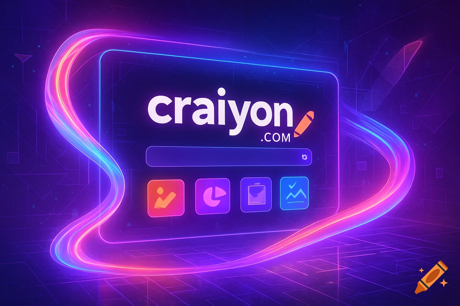 A neon-lit digital interface for Craiyon.com with a search bar and icons, surrounded by glowing abstract lines on a dark background.