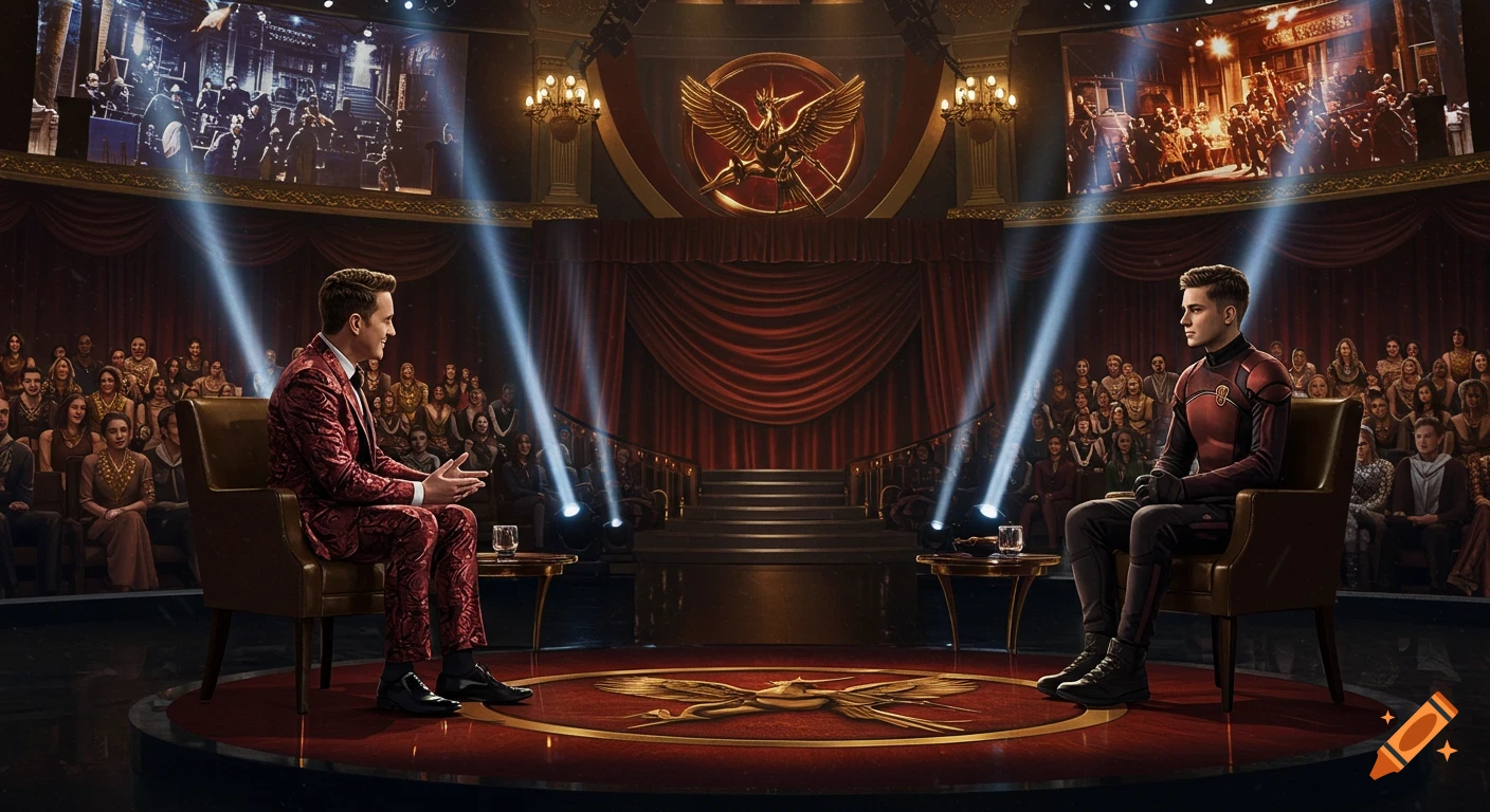 Two men in ornate suits sit in chairs facing each other on a grand, red-carpeted stage under spotlights, with a large audience in the background and a golden eagle emblem.