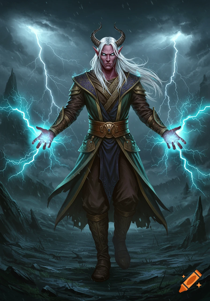 A fantasy half-elf sorcerer with horns, white hair, and red skin casts blue lightning from his hands in a stormy, desolate landscape.