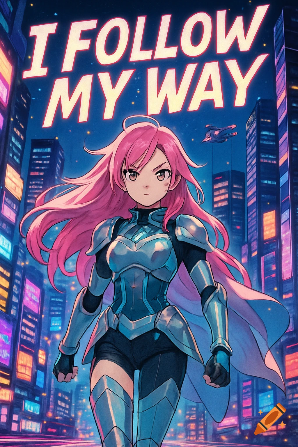 Anime-style heroine with pink hair and futuristic armor stands in a neon-lit cyberpunk city, with the text 'I FOLLOW MY WAY'