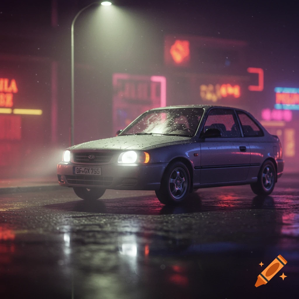 A silver Hyundai Accent is parked on a wet, neon-lit city street at night, with streetlights reflecting on the asphalt.