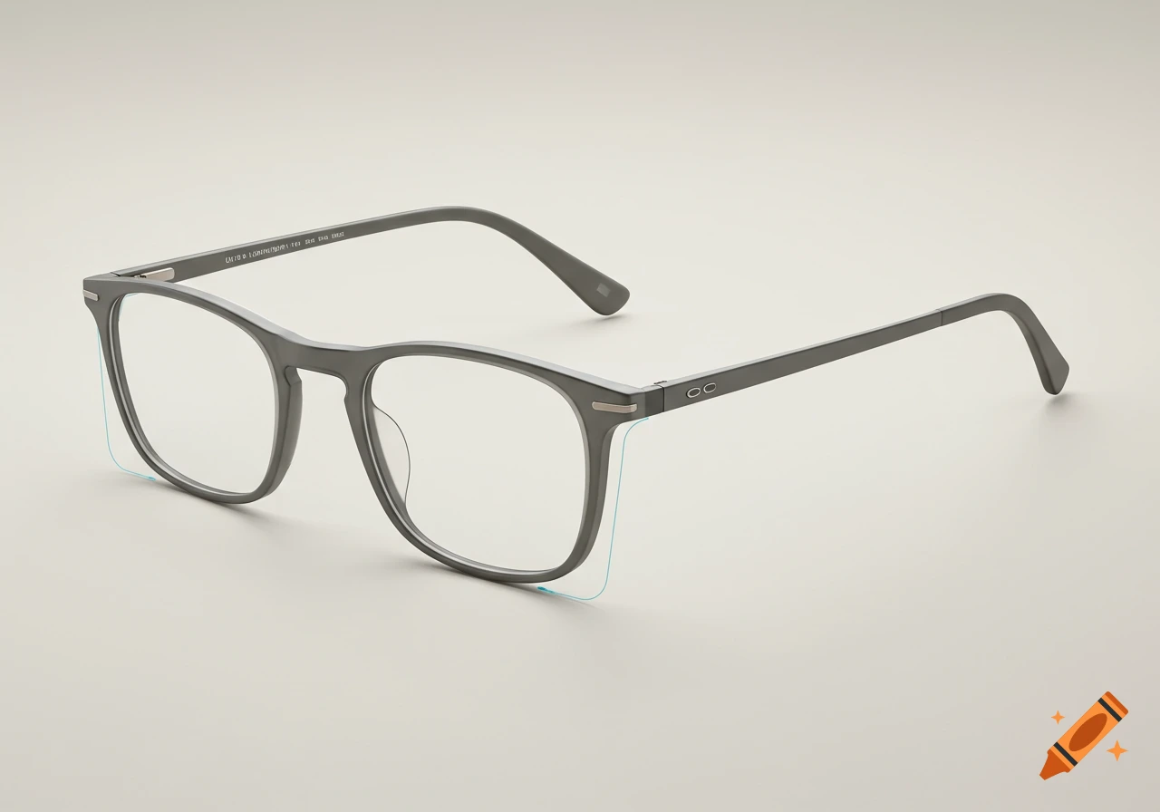 A pair of modern gray eyeglasses with clear lenses, angled on a plain light background.