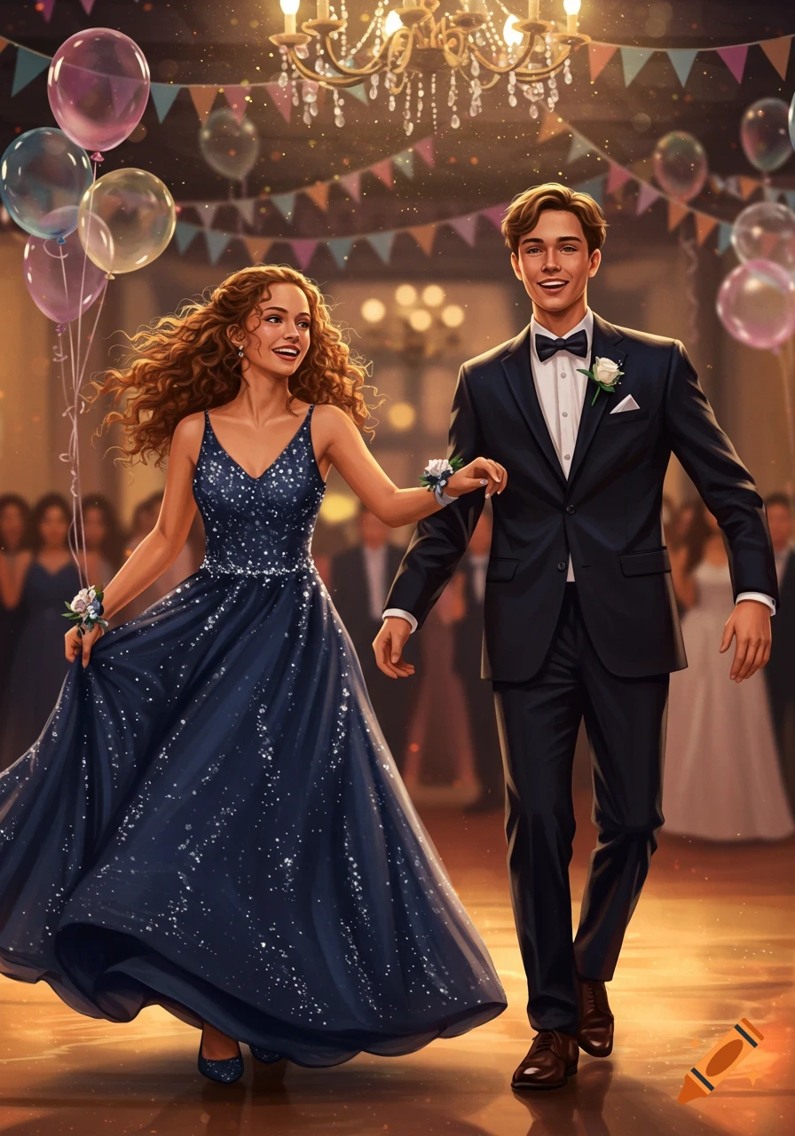 A young couple, a woman in a sparkly blue gown and a man in a tuxedo, dancing at prom under chandeliers and balloons.
