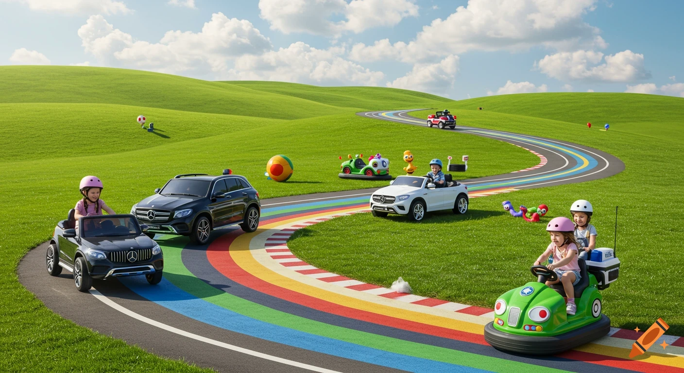 Children in helmets drive miniature Mercedes SUVs and a bumper car on a rainbow racetrack through green rolling hills under a blue sky.