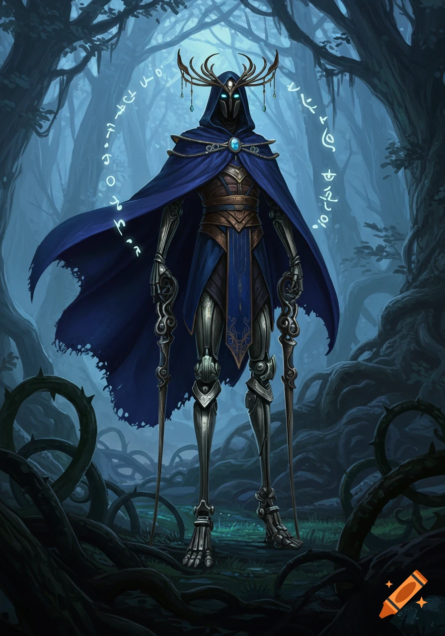 A hooded figure with glowing eyes, metal legs, and a horned crown stands in a dark forest, surrounded by glowing arcane runes. Fantasy art.