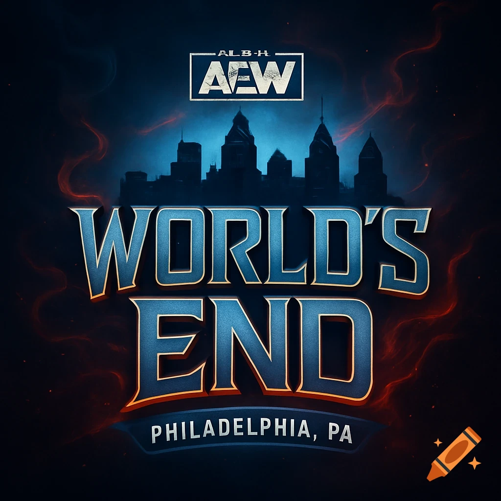 Logo for AEW World's End event in Philadelphia, PA, featuring blue and gold stylized text over a city skyline with red smoke.