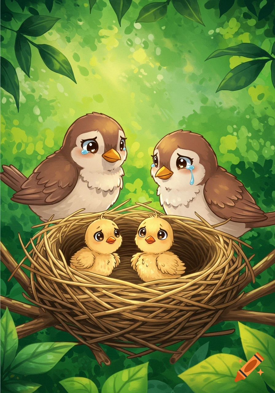Cartoon sparrows cry over two sad chicks in a nest amidst vibrant green foliage, illustration style.