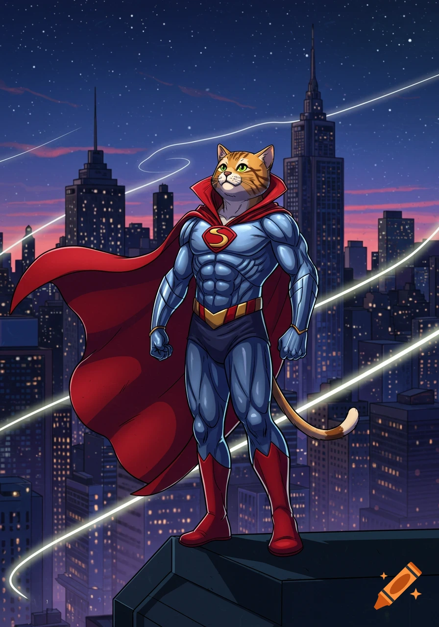 A comic art illustration of a muscular superhero cat with a red cape and an 'S' emblem, standing on a rooftop overlooking a city at night.
