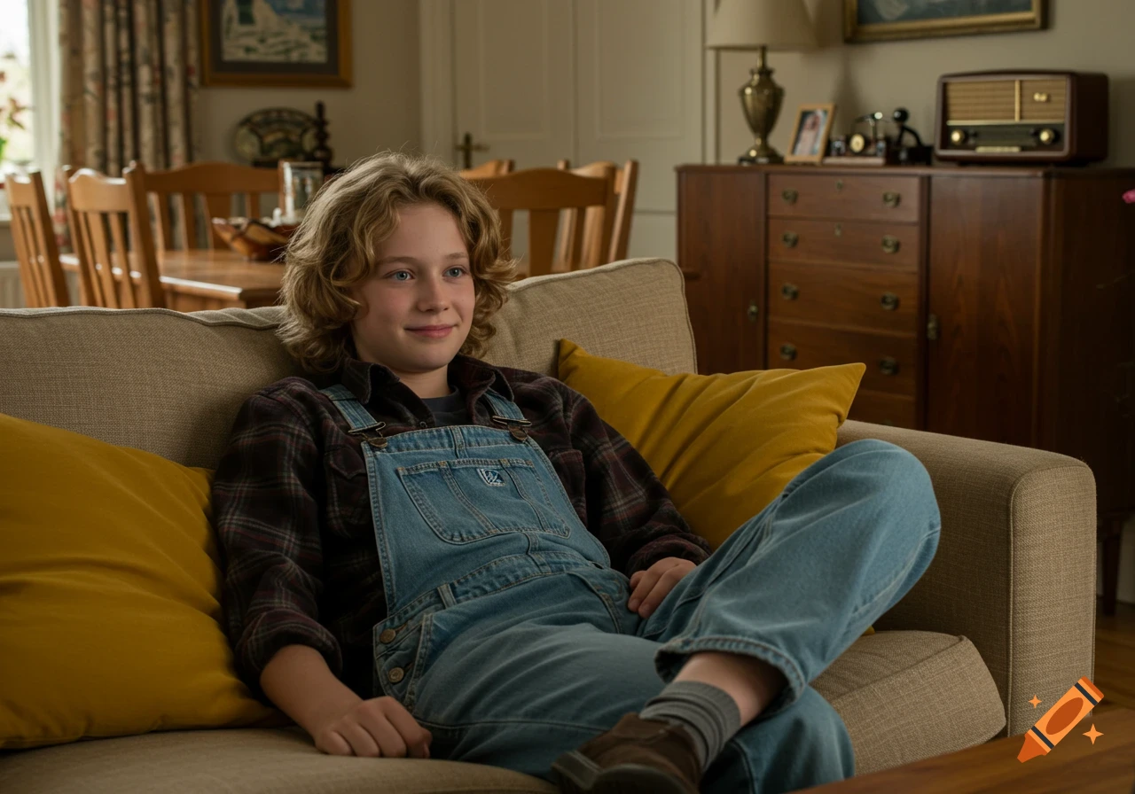 A content young boy with wavy blond hair and blue eyes sits on a beige sofa, wearing a plaid shirt and denim overalls in a cozy living room.