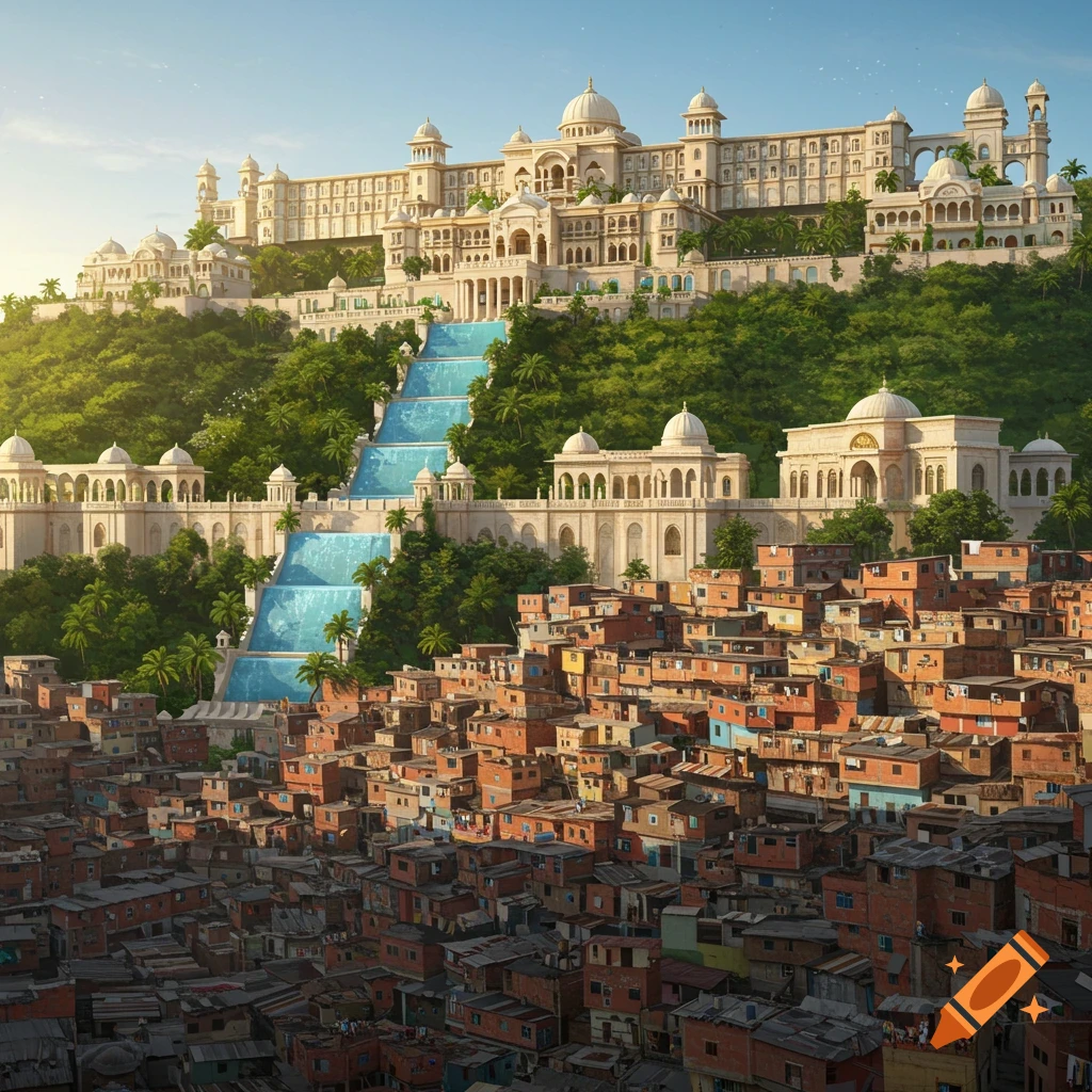A grand, ornate palace with waterfalls sits on a lush hill above a sprawling, densely packed slum, under a clear sky.
