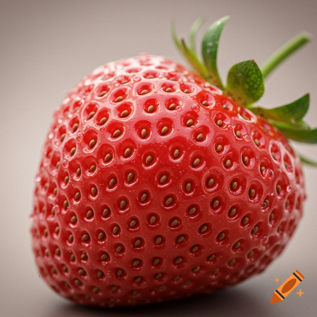 A vibrant red strawberry covered in tiny water droplets, shown in a close-up, photorealistic style.