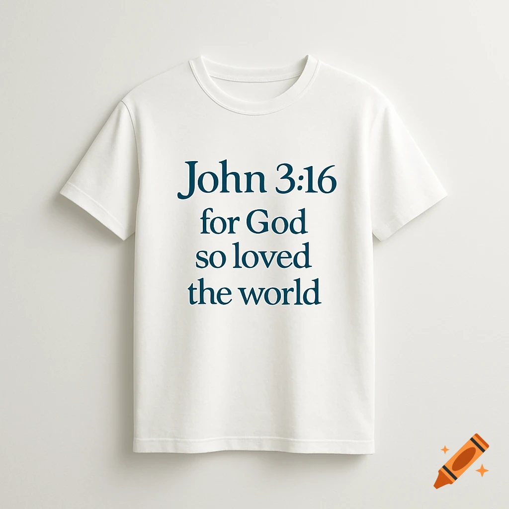 White t-shirt with "John 3:16 for God so loved the world" in blue text, laid flat on a white background.